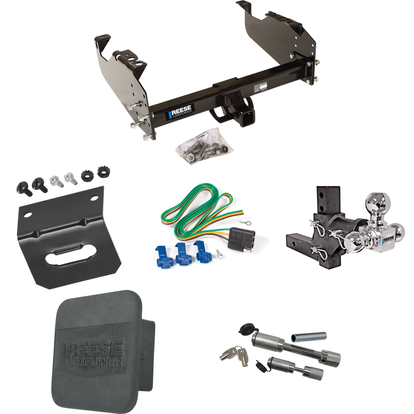 Fits 2011-2012 RAM 5500 Trailer Hitch Tow PKG w/ 4-Flat Wiring Harness + Adjustable Drop Rise Triple Ball Ball Mount 1-7/8" & 2" & 2-5/16" Trailer Balls + Dual Hitch & Coupler Locks + Hitch Cover + Wiring Bracket (For Cab & Chassis, w/34" Wide Frames