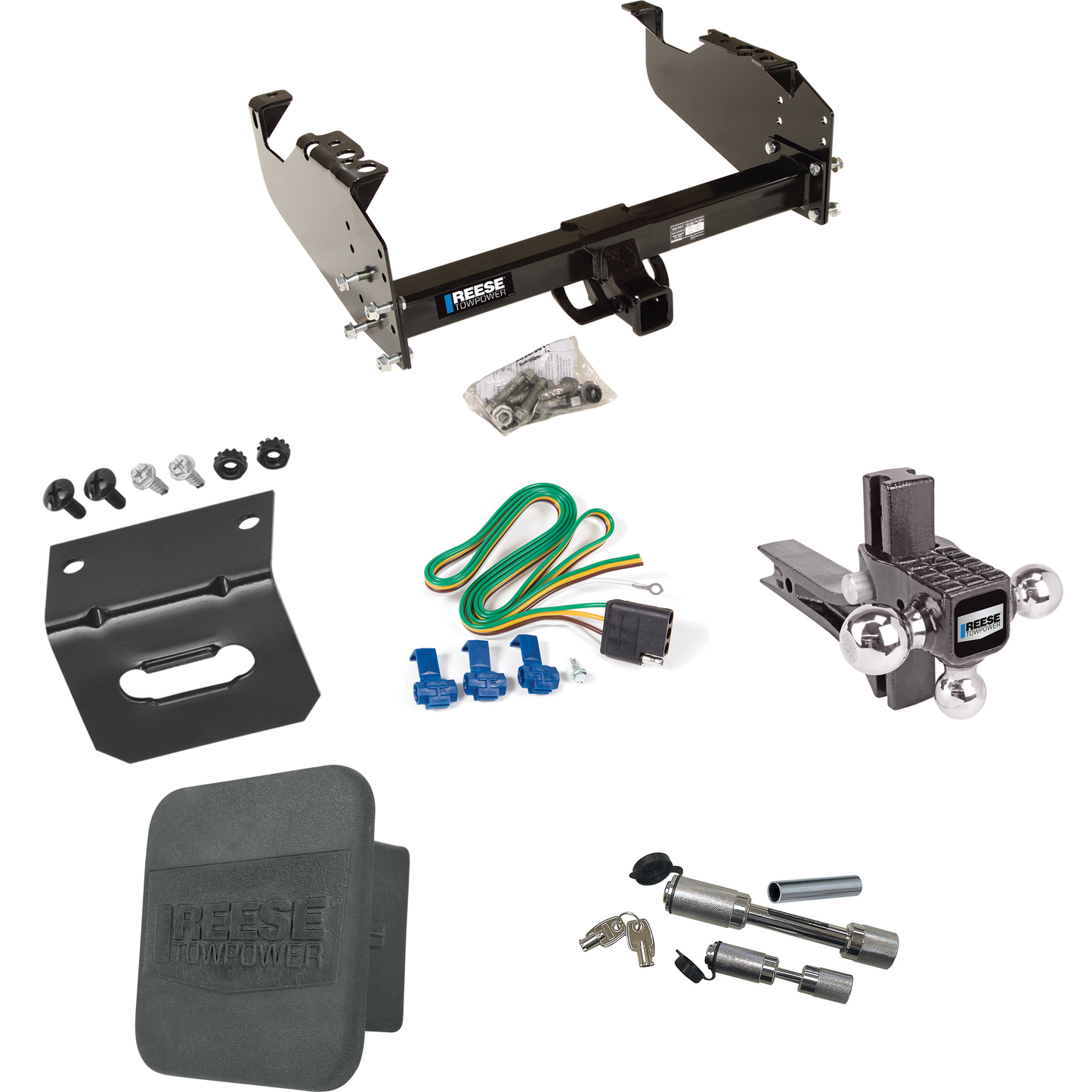 Fits 1963-1965 GMC 2500 Series Trailer Hitch Tow PKG w/ 4-Flat Wiring Harness + Adjustable Drop Rise Triple Ball Ball Mount 1-7/8" & 2" & 2-5/16" Trailer Balls + Dual Hitch & Coupler Locks + Hitch Cover + Wiring Bracket By Reese Towpower