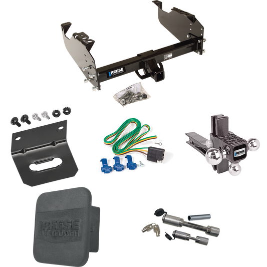 Fits 1963-1965 GMC 1500 Series Trailer Hitch Tow PKG w/ 4-Flat Wiring Harness + Adjustable Drop Rise Triple Ball Ball Mount 1-7/8" & 2" & 2-5/16" Trailer Balls + Dual Hitch & Coupler Locks + Hitch Cover + Wiring Bracket By Reese Towpower