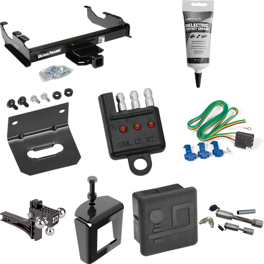 Fits 1988-2000 GMC K3500 Trailer Hitch Tow PKG w/ 4-Flat Wiring Harness + Adjustable Drop Rise Triple Ball Ball Mount 1-7/8" & 2" & 2-5/16" Trailer Balls + Dual Hitch & Coupler Locks + Hitch Cover + Wiring Bracket + Wiring Tester + Electric Grease +