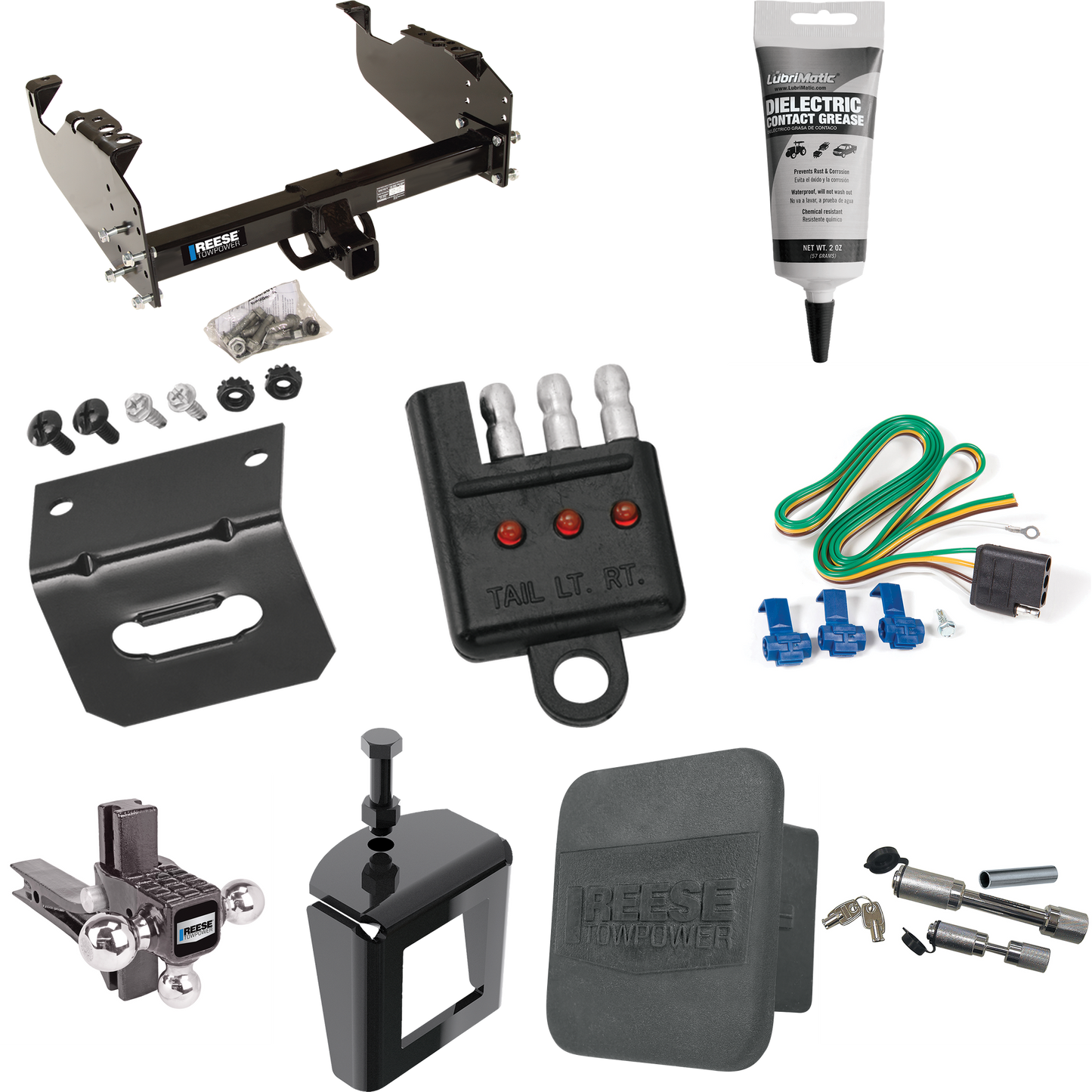 Fits 1985-1986 GMC K1500 Trailer Hitch Tow PKG w/ 4-Flat Wiring Harness + Adjustable Drop Rise Triple Ball Ball Mount 1-7/8" & 2" & 2-5/16" Trailer Balls + Dual Hitch & Coupler Locks + Hitch Cover + Wiring Bracket + Wiring Tester + Electric Grease +