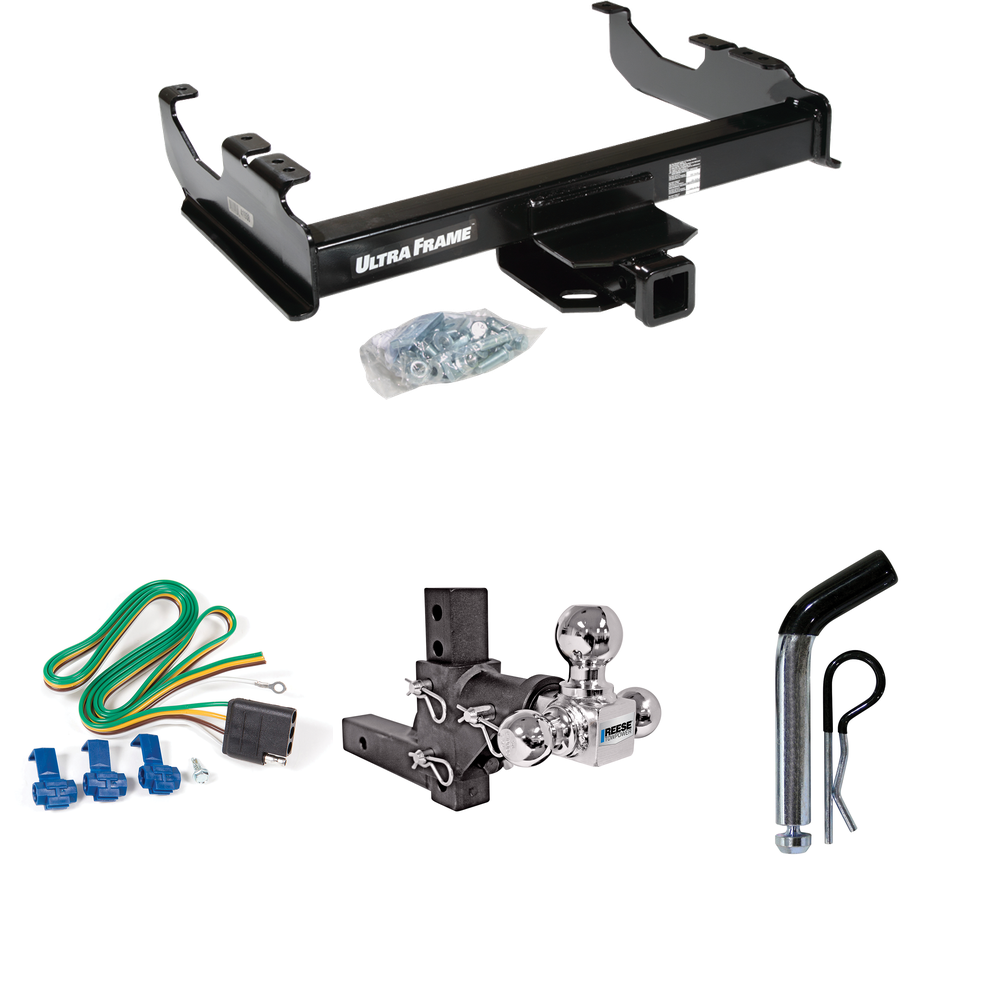 Fits 1999-2000 Ford F-350 Super Duty Trailer Hitch Tow PKG w/ 4-Flat Wiring Harness + Adjustable Drop Rise Triple Ball Ball Mount 1-7/8" & 2" & 2-5/16" Trailer Balls + Pin/Clip (For Cab & Chassis, w/34" Wide Frames Models) By Draw-Tite