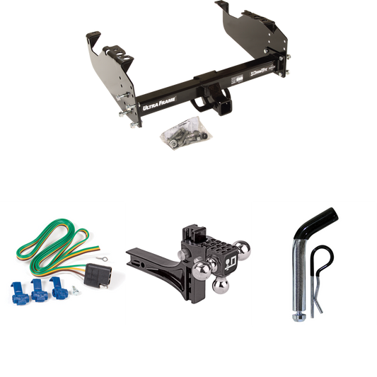 Fits 1988-1991 Chevrolet C3500 Trailer Hitch Tow PKG w/ 4-Flat Wiring Harness + Adjustable Drop Rise Triple Ball Ball Mount 1-7/8" & 2" & 2-5/16" Trailer Balls + Pin/Clip (For Crew Cab Models) By Draw-Tite