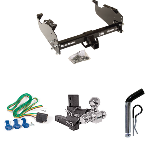 Fits 2003-2009 GMC C5500 Topkick Trailer Hitch Tow PKG w/ 4-Flat Wiring Harness + Adjustable Drop Rise Triple Ball Ball Mount 1-7/8" & 2" & 2-5/16" Trailer Balls + Pin/Clip (For Cab & Chassis, w/34" Wide Frames Models) By Draw-Tite