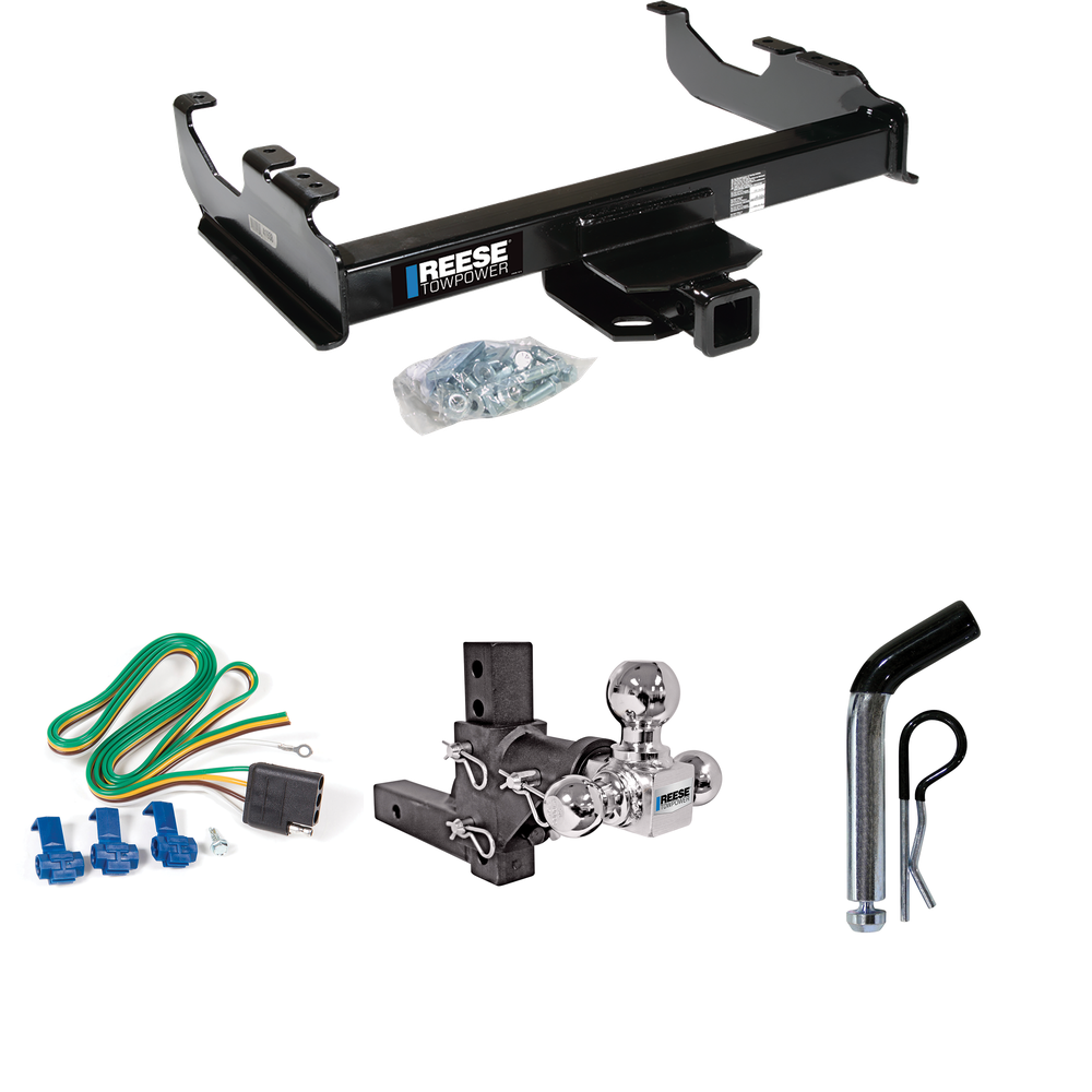 Fits 1985-1999 GMC C1500 Trailer Hitch Tow PKG w/ 4-Flat Wiring Harness + Adjustable Drop Rise Triple Ball Ball Mount 1-7/8" & 2" & 2-5/16" Trailer Balls + Pin/Clip (For w/34" Wide Frames Models) By Reese Towpower