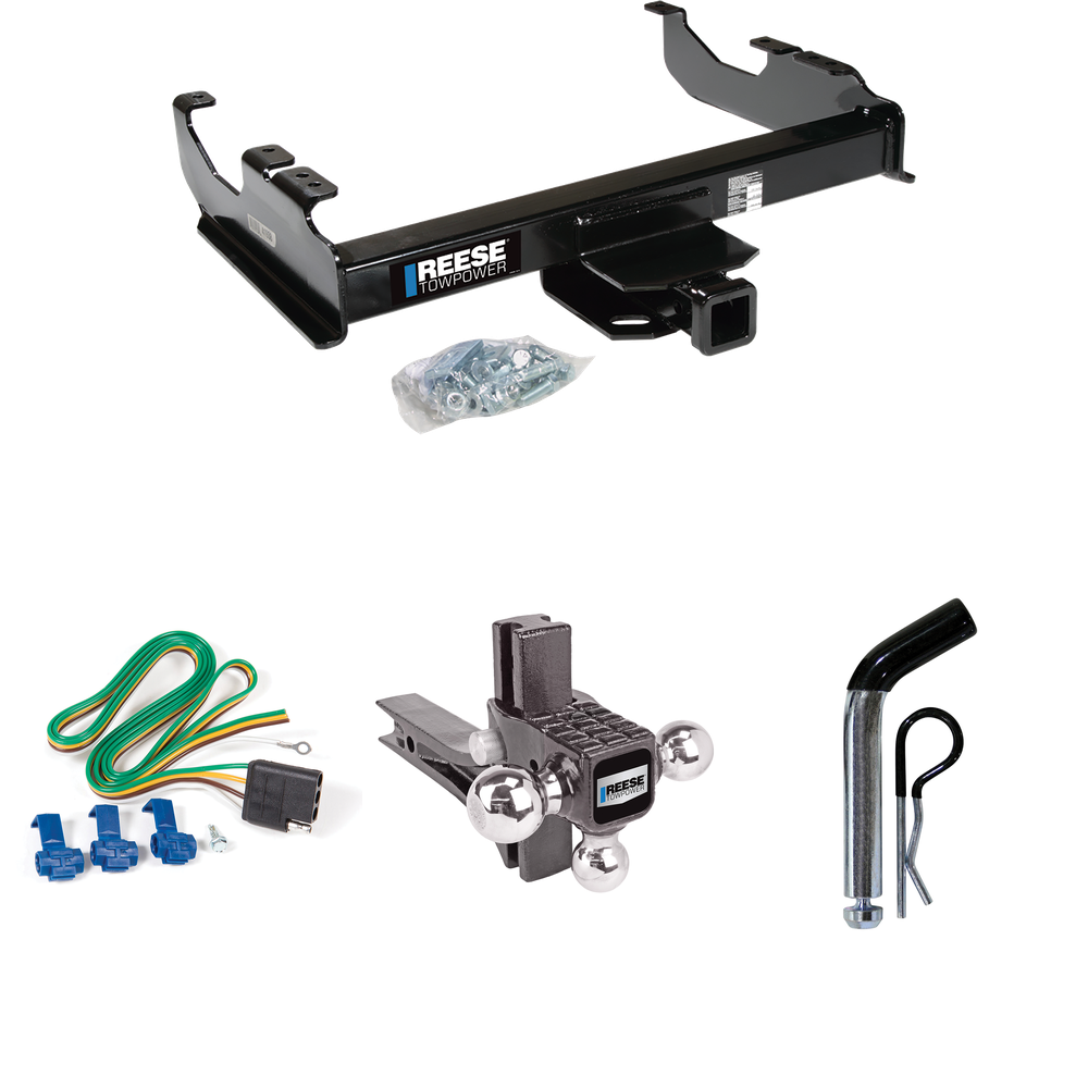 Fits 1999-2000 Ford F-350 Super Duty Trailer Hitch Tow PKG w/ 4-Flat Wiring Harness + Adjustable Drop Rise Triple Ball Ball Mount 1-7/8" & 2" & 2-5/16" Trailer Balls + Pin/Clip (For Cab & Chassis, w/34" Wide Frames Models) By Reese Towpower