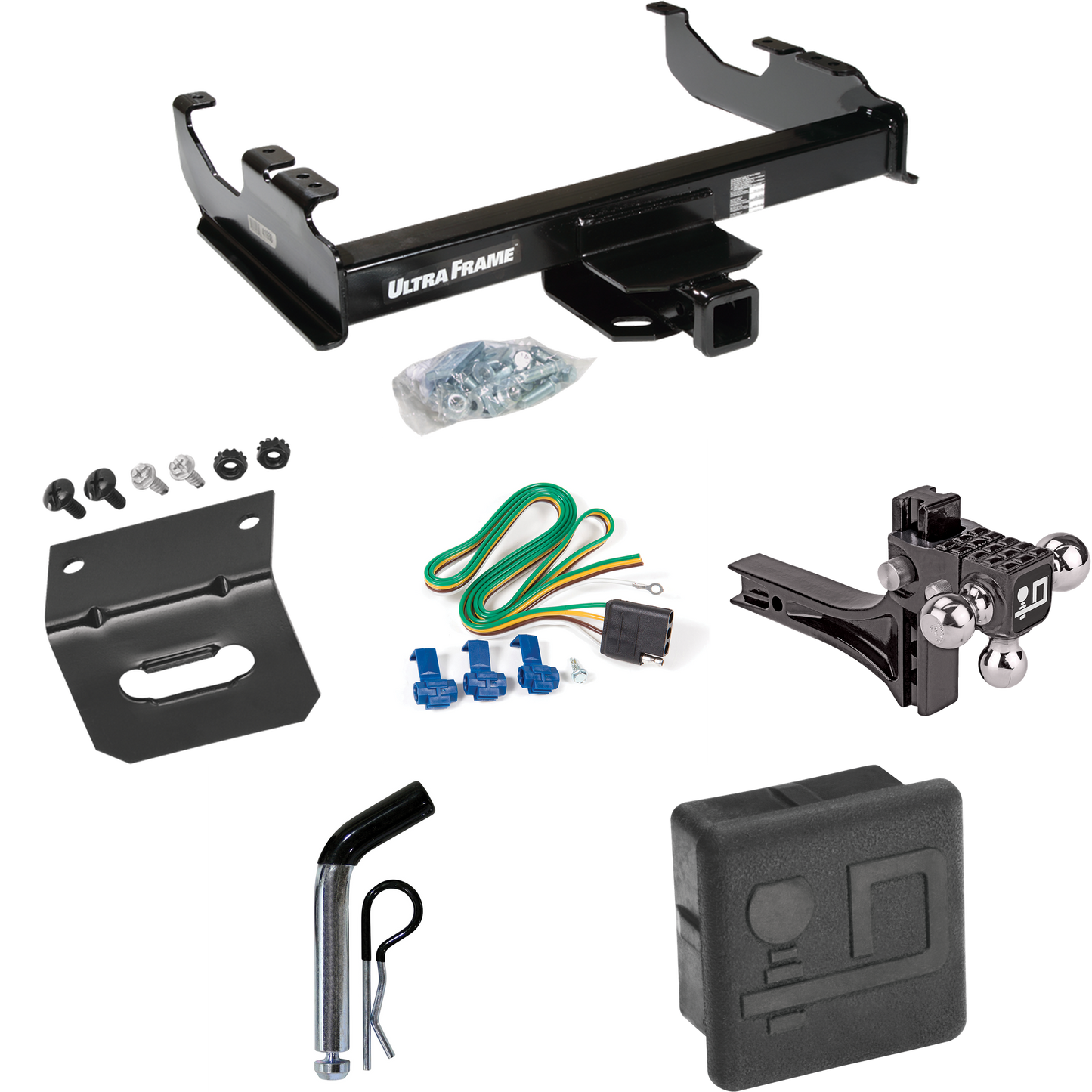 Fits 1985-1999 GMC C1500 Trailer Hitch Tow PKG w/ 4-Flat Wiring Harness + Adjustable Drop Rise Triple Ball Ball Mount 1-7/8" & 2" & 2-5/16" Trailer Balls + Pin/Clip + Hitch Cover + Wiring Bracket (For w/34" Wide Frames Models) By Draw-Tite