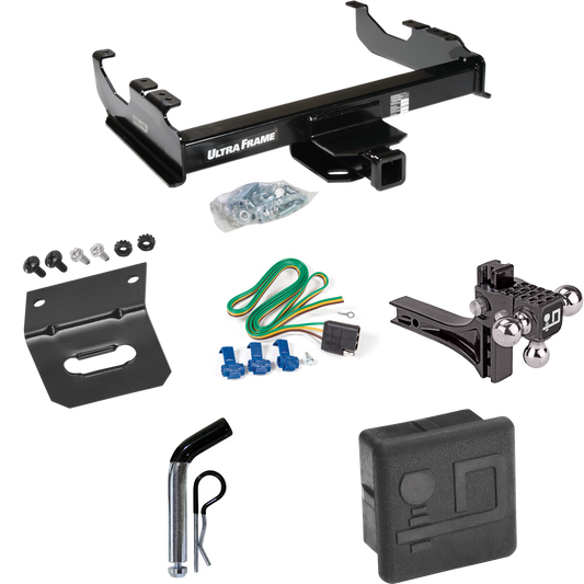 Fits 1985-1999 GMC C1500 Trailer Hitch Tow PKG w/ 4-Flat Wiring Harness + Adjustable Drop Rise Triple Ball Ball Mount 1-7/8" & 2" & 2-5/16" Trailer Balls + Pin/Clip + Hitch Cover + Wiring Bracket (For w/34" Wide Frames Models) By Draw-Tite