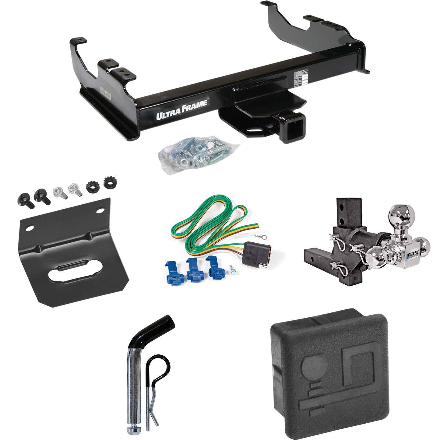 Fits 1963-1972 Chevrolet C10 Trailer Hitch Tow PKG w/ 4-Flat Wiring Harness + Adjustable Drop Rise Triple Ball Ball Mount 1-7/8" & 2" & 2-5/16" Trailer Balls + Pin/Clip + Hitch Cover + Wiring Bracket By Draw-Tite