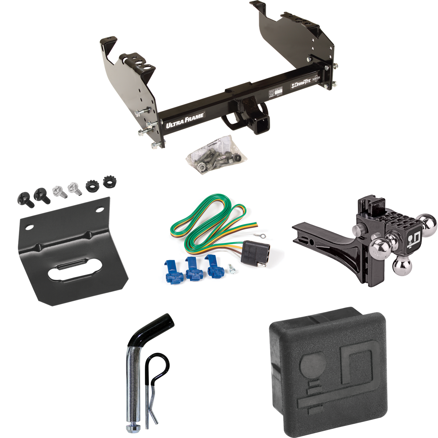 Fits 1963-1972 Chevrolet C20 Trailer Hitch Tow PKG w/ 4-Flat Wiring Harness + Adjustable Drop Rise Triple Ball Ball Mount 1-7/8" & 2" & 2-5/16" Trailer Balls + Pin/Clip + Hitch Cover + Wiring Bracket By Draw-Tite