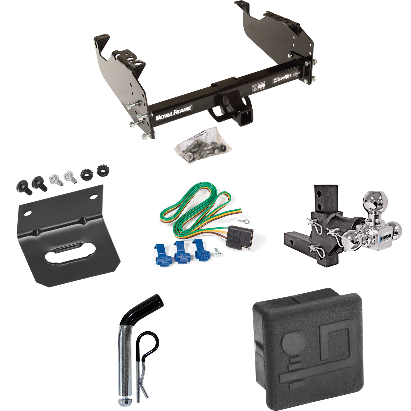 Fits 1963-1966 GMC 3000 Trailer Hitch Tow PKG w/ 4-Flat Wiring Harness + Adjustable Drop Rise Triple Ball Ball Mount 1-7/8" & 2" & 2-5/16" Trailer Balls + Pin/Clip + Hitch Cover + Wiring Bracket By Draw-Tite