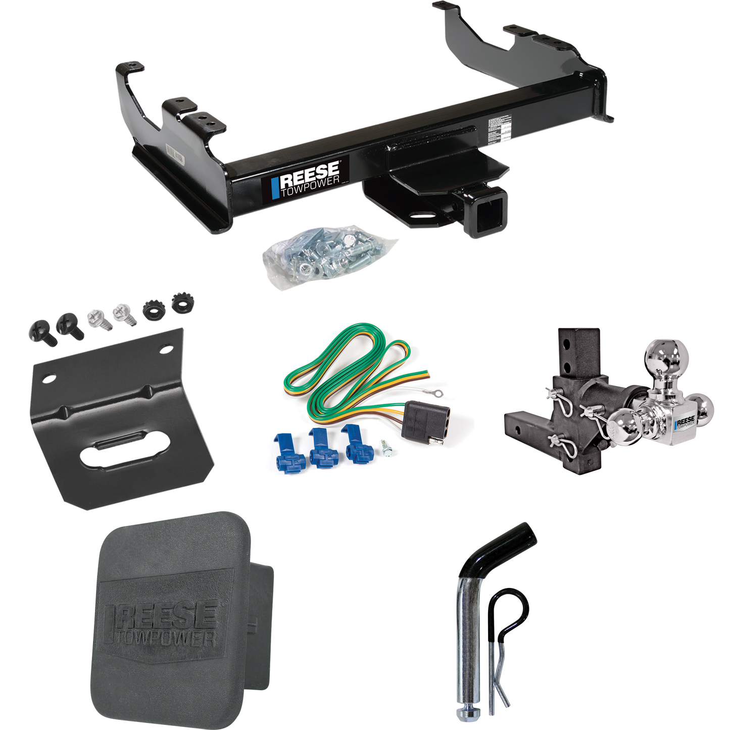 Fits 1985-1999 GMC C1500 Trailer Hitch Tow PKG w/ 4-Flat Wiring Harness + Adjustable Drop Rise Triple Ball Ball Mount 1-7/8" & 2" & 2-5/16" Trailer Balls + Pin/Clip + Hitch Cover + Wiring Bracket (For w/34" Wide Frames Models) By Reese Towpower