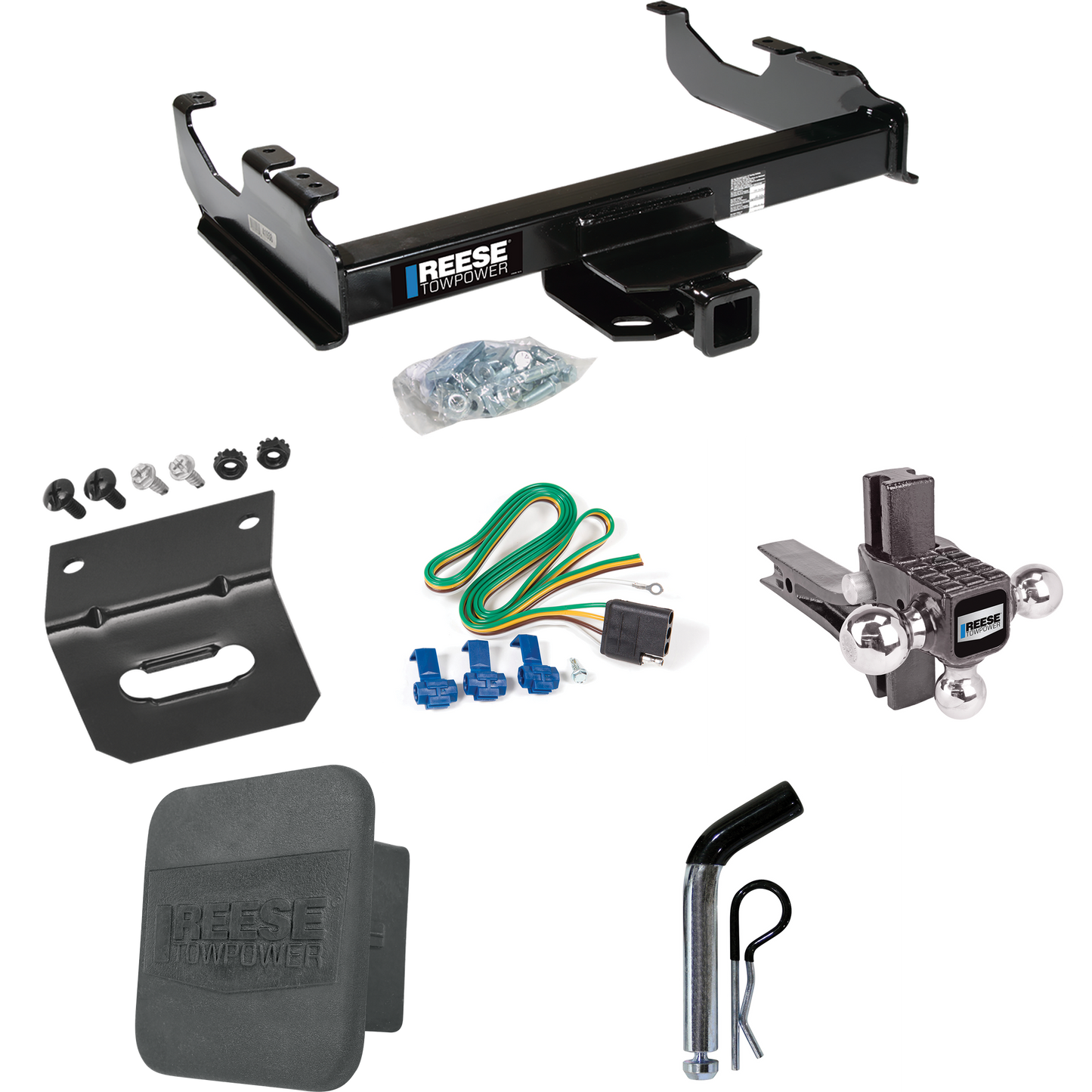 Fits 1985-1986 Chevrolet K20 Trailer Hitch Tow PKG w/ 4-Flat Wiring Harness + Adjustable Drop Rise Triple Ball Ball Mount 1-7/8" & 2" & 2-5/16" Trailer Balls + Pin/Clip + Hitch Cover + Wiring Bracket (For w/34" Wide Frames Models) By Reese Towpower