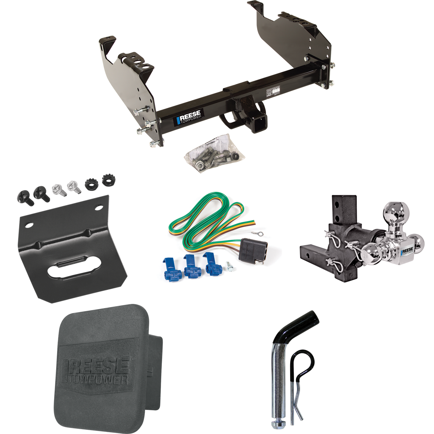 Fits 1988-2000 GMC K3500 Trailer Hitch Tow PKG w/ 4-Flat Wiring Harness + Adjustable Drop Rise Triple Ball Ball Mount 1-7/8" & 2" & 2-5/16" Trailer Balls + Pin/Clip + Hitch Cover + Wiring Bracket (For w/34" Wide Frames Models) By Reese Towpower