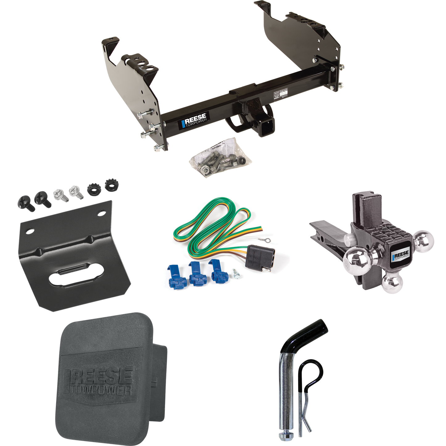 Fits 1967-1974 GMC K15 Trailer Hitch Tow PKG w/ 4-Flat Wiring Harness + Adjustable Drop Rise Triple Ball Ball Mount 1-7/8" & 2" & 2-5/16" Trailer Balls + Pin/Clip + Hitch Cover + Wiring Bracket By Reese Towpower