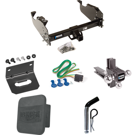 Fits 2003-2009 GMC C4500 Topkick Trailer Hitch Tow PKG w/ 4-Flat Wiring Harness + Adjustable Drop Rise Triple Ball Ball Mount 1-7/8" & 2" & 2-5/16" Trailer Balls + Pin/Clip + Hitch Cover + Wiring Bracket (For Cab & Chassis, w/34" Wide Frames Models)