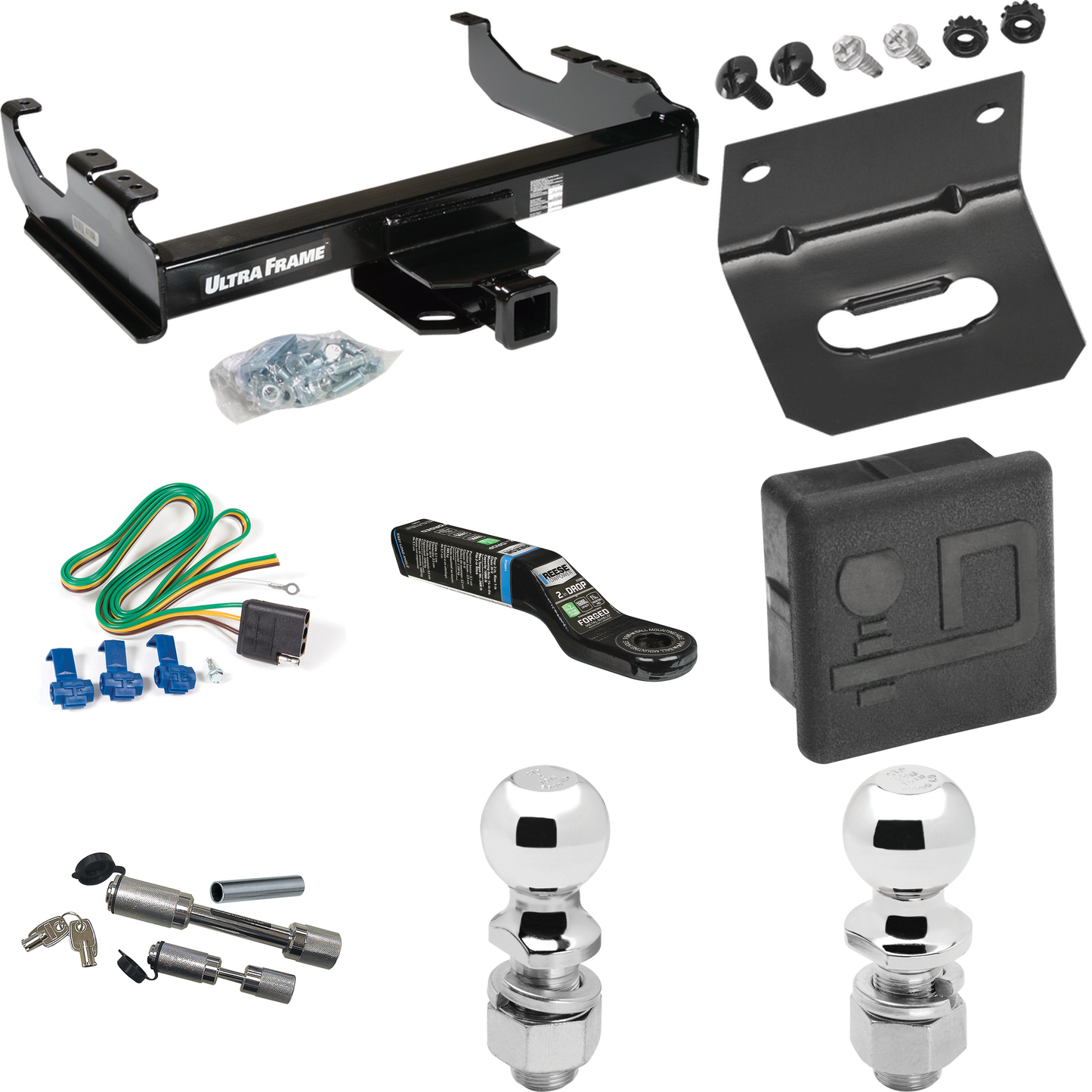 Fits 1999-2000 Ford F-350 Super Duty Trailer Hitch Tow PKG w/ 4-Flat Wiring Harness + Ball Mount w/ 2" Drop + Dual Hitch & Coupler Locks + 2" Ball + 2-5/16" Ball + Hitch Cover + Wiring Bracket (For Cab & Chassis, w/34" Wide Frames Models) By Draw-Tit