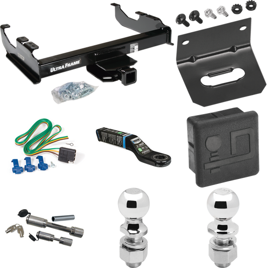 Fits 1999-2000 Ford F-350 Super Duty Trailer Hitch Tow PKG w/ 4-Flat Wiring Harness + Ball Mount w/ 2" Drop + Dual Hitch & Coupler Locks + 2" Ball + 2-5/16" Ball + Hitch Cover + Wiring Bracket (For Cab & Chassis, w/34" Wide Frames Models) By Draw-Tit