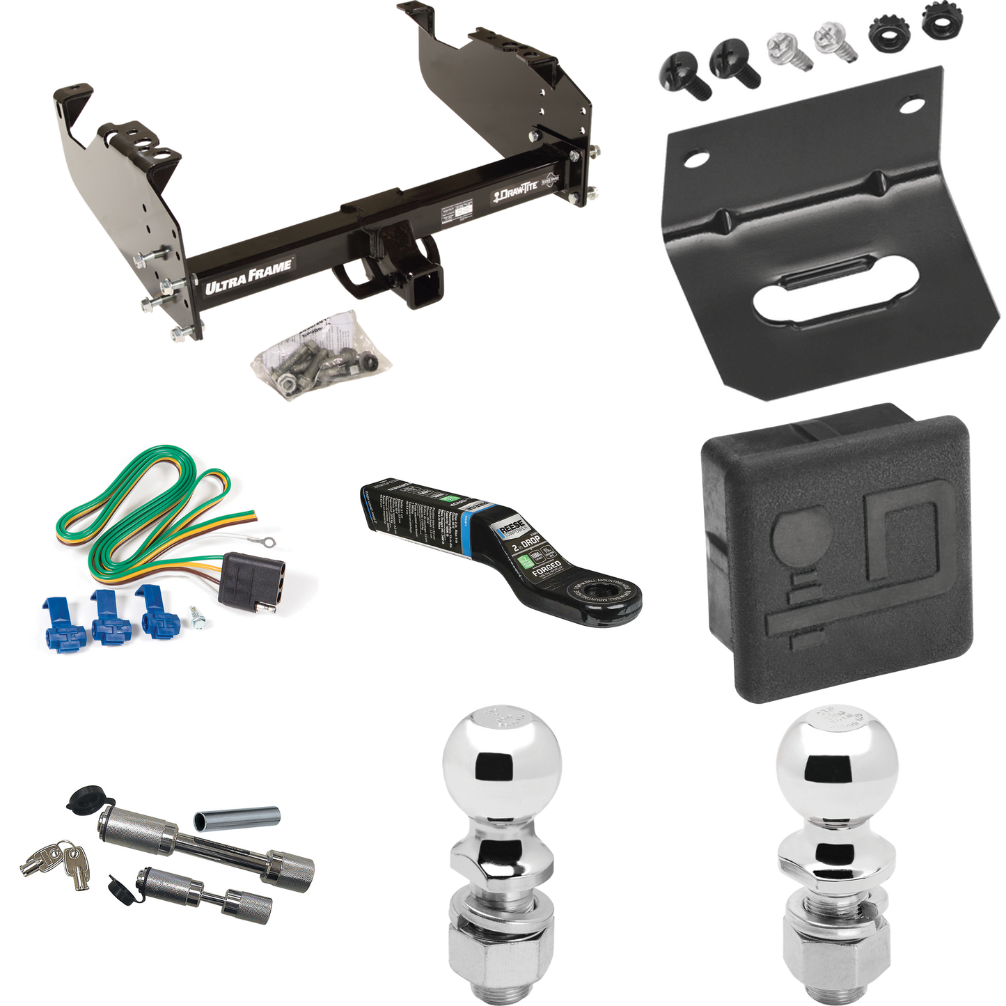 Fits 1985-1999 GMC C1500 Trailer Hitch Tow PKG w/ 4-Flat Wiring Harness + Ball Mount w/ 2" Drop + Dual Hitch & Coupler Locks + 2" Ball + 2-5/16" Ball + Hitch Cover + Wiring Bracket (For w/34" Wide Frames Models) By Draw-Tite