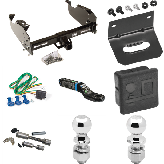 Fits 1985-1999 GMC C1500 Trailer Hitch Tow PKG w/ 4-Flat Wiring Harness + Ball Mount w/ 2" Drop + Dual Hitch & Coupler Locks + 2" Ball + 2-5/16" Ball + Hitch Cover + Wiring Bracket (For w/34" Wide Frames Models) By Draw-Tite