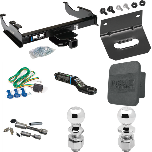 Fits 1985-1986 Chevrolet K20 Trailer Hitch Tow PKG w/ 4-Flat Wiring Harness + Ball Mount w/ 2" Drop + Dual Hitch & Coupler Locks + 2" Ball + 2-5/16" Ball + Hitch Cover + Wiring Bracket (For w/34" Wide Frames Models) By Reese Towpower