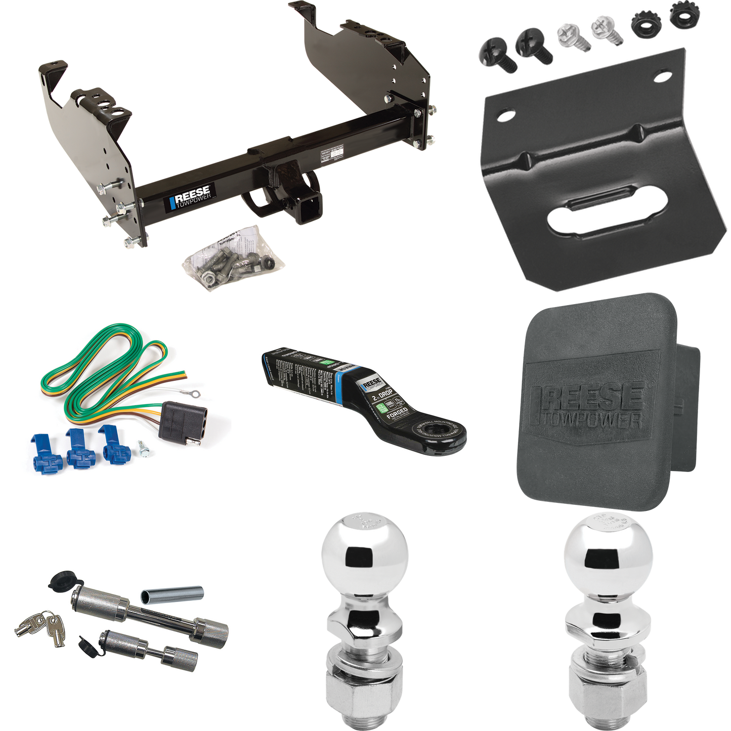 Fits 1985-1986 Chevrolet C10 Trailer Hitch Tow PKG w/ 4-Flat Wiring Harness + Ball Mount w/ 2" Drop + Dual Hitch & Coupler Locks + 2" Ball + 2-5/16" Ball + Hitch Cover + Wiring Bracket (For w/34" Wide Frames Models) By Reese Towpower