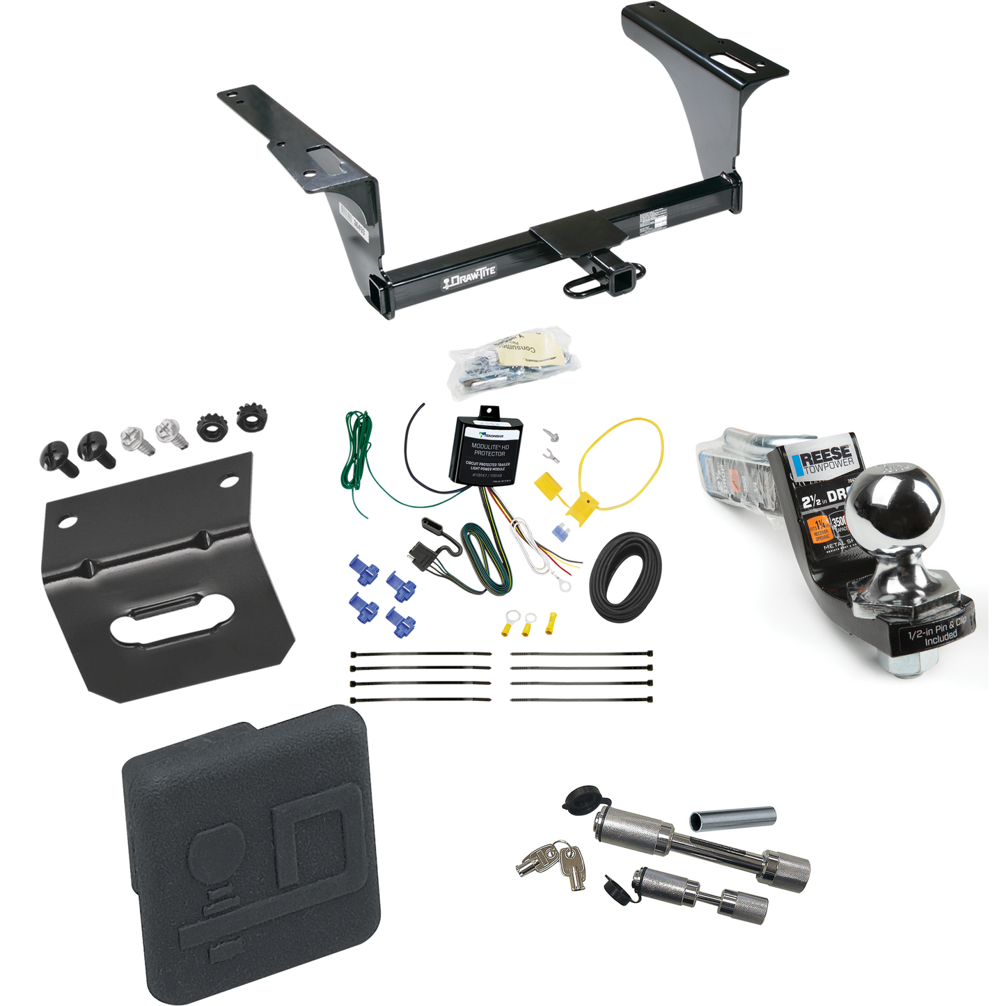 Fits 2010-2014 Subaru Legacy Trailer Hitch Tow PKG w/ 4-Flat Wiring Harness + Interlock Starter Kit w/ 2" Ball 2-1/2" Drop 2" Rise + Wiring Bracket + Hitch Cover + Dual Hitch & Coupler Locks (For Sedan Models) By Draw-Tite