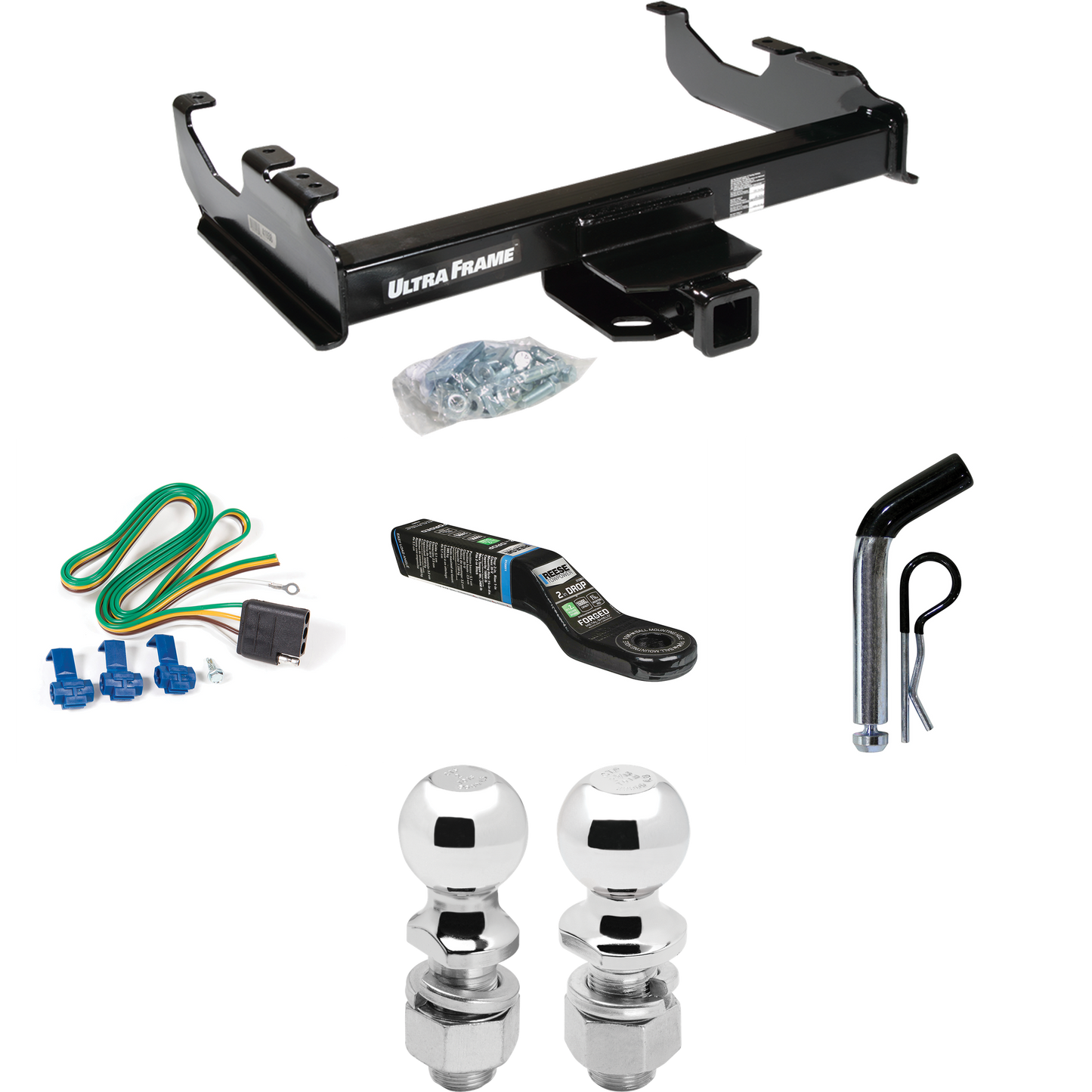 Fits 1988-2000 GMC K3500 Trailer Hitch Tow PKG w/ 4-Flat Wiring Harness + Ball Mount w/ 2" Drop + Pin/Clip + 2" Ball + 2-5/16" Ball (For w/34" Wide Frames Models) By Draw-Tite