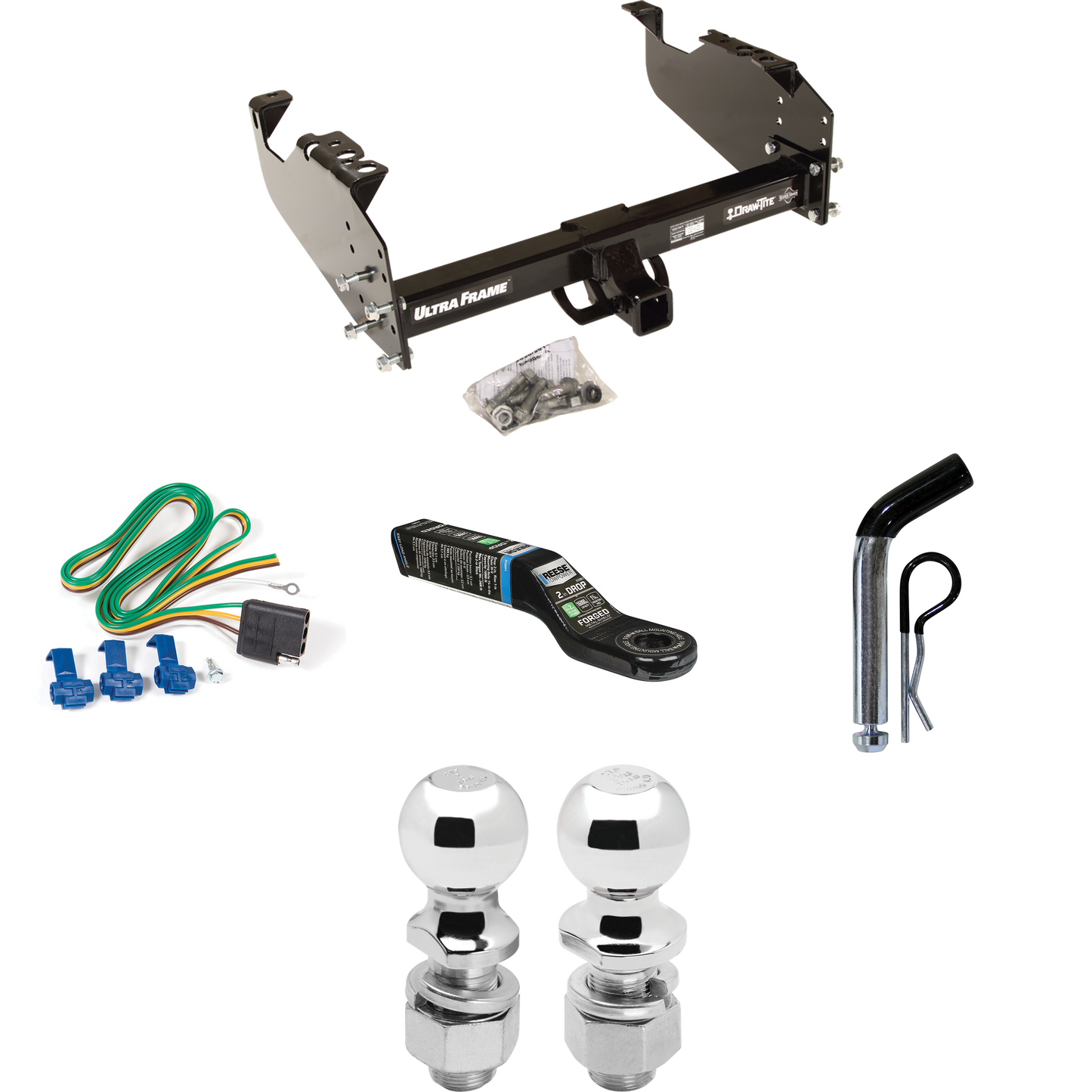 Fits 1963-1966 GMC 3000 Trailer Hitch Tow PKG w/ 4-Flat Wiring Harness + Ball Mount w/ 2" Drop + Pin/Clip + 2" Ball + 2-5/16" Ball By Draw-Tite