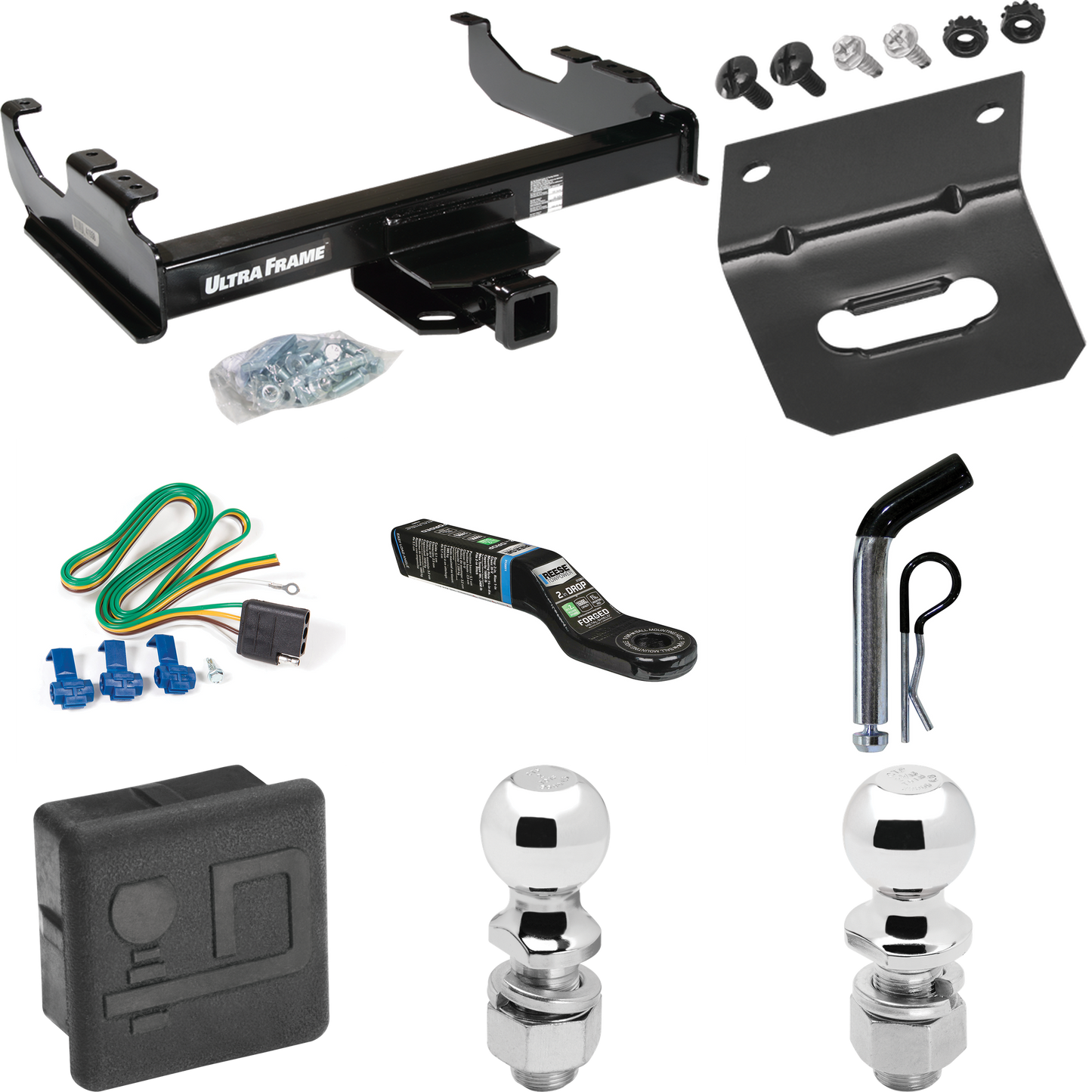 Fits 1963-1972 Chevrolet C20 Trailer Hitch Tow PKG w/ 4-Flat Wiring Harness + Ball Mount w/ 2" Drop + Pin/Clip + 2" Ball + 2-5/16" Ball + Hitch Cover + Wiring Bracket By Draw-Tite