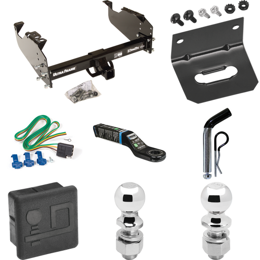 Fits 1988-1991 Chevrolet C3500 Trailer Hitch Tow PKG w/ 4-Flat Wiring Harness + Ball Mount w/ 2" Drop + Pin/Clip + 2" Ball + 2-5/16" Ball + Hitch Cover + Wiring Bracket (For Crew Cab Models) By Draw-Tite