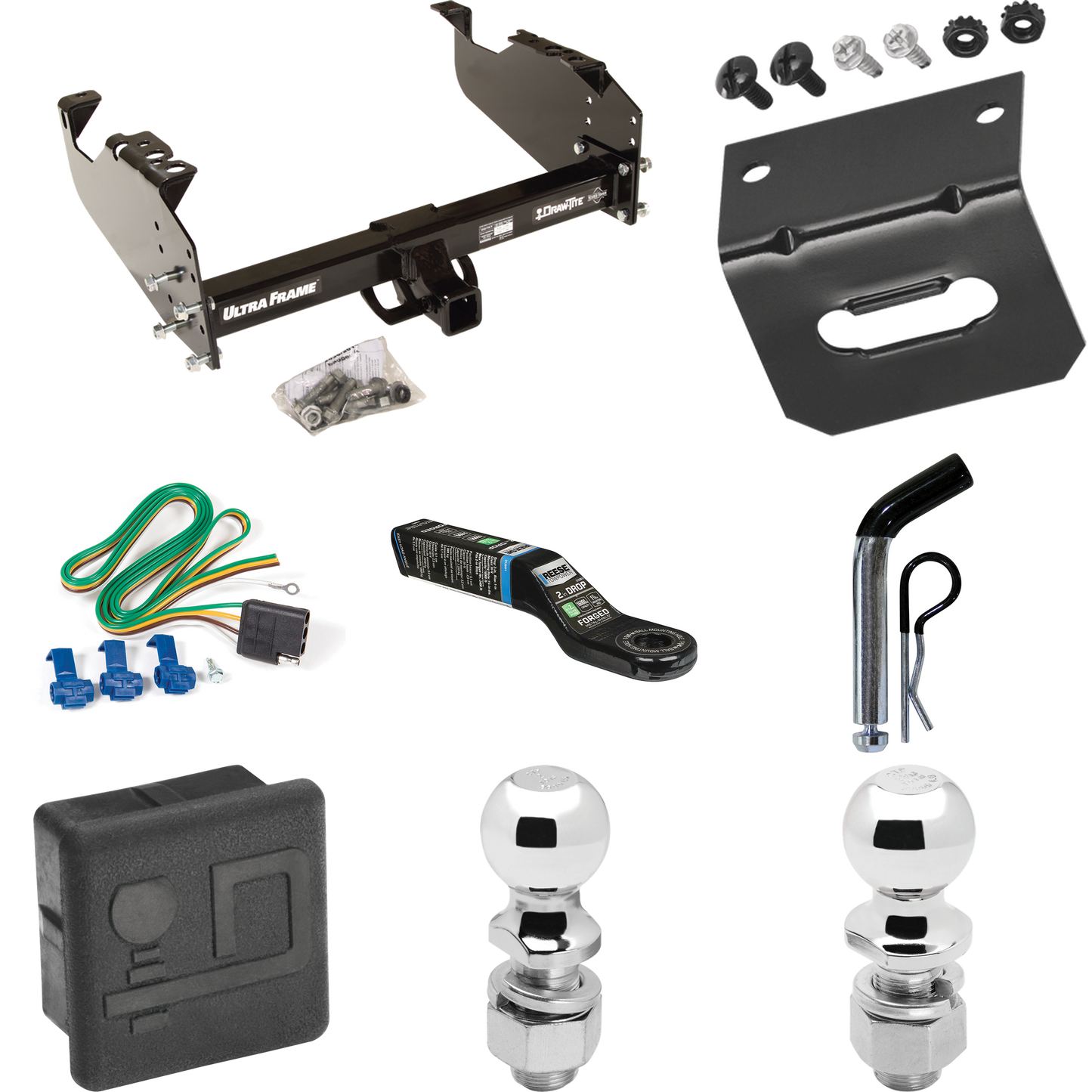 Fits 1999-2009 Chevrolet C7500 Kodiak Trailer Hitch Tow PKG w/ 4-Flat Wiring Harness + Ball Mount w/ 2" Drop + Pin/Clip + 2" Ball + 2-5/16" Ball + Hitch Cover + Wiring Bracket (For Cab & Chassis, w/34" Wide Frames Models) By Draw-Tite