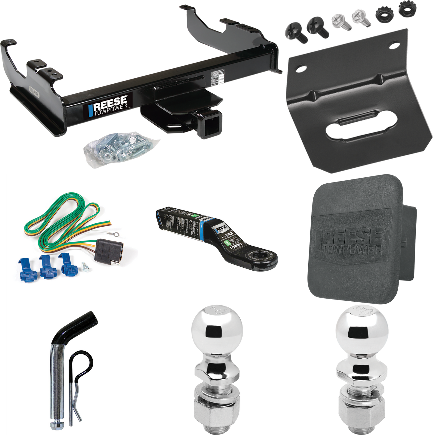 Fits 1985-1986 Chevrolet C20 Trailer Hitch Tow PKG w/ 4-Flat Wiring Harness + Ball Mount w/ 2" Drop + Pin/Clip + 2" Ball + 2-5/16" Ball + Hitch Cover + Wiring Bracket (For w/34" Wide Frames Models) By Reese Towpower