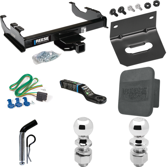 Fits 1985-1986 Chevrolet C20 Trailer Hitch Tow PKG w/ 4-Flat Wiring Harness + Ball Mount w/ 2" Drop + Pin/Clip + 2" Ball + 2-5/16" Ball + Hitch Cover + Wiring Bracket (For w/34" Wide Frames Models) By Reese Towpower