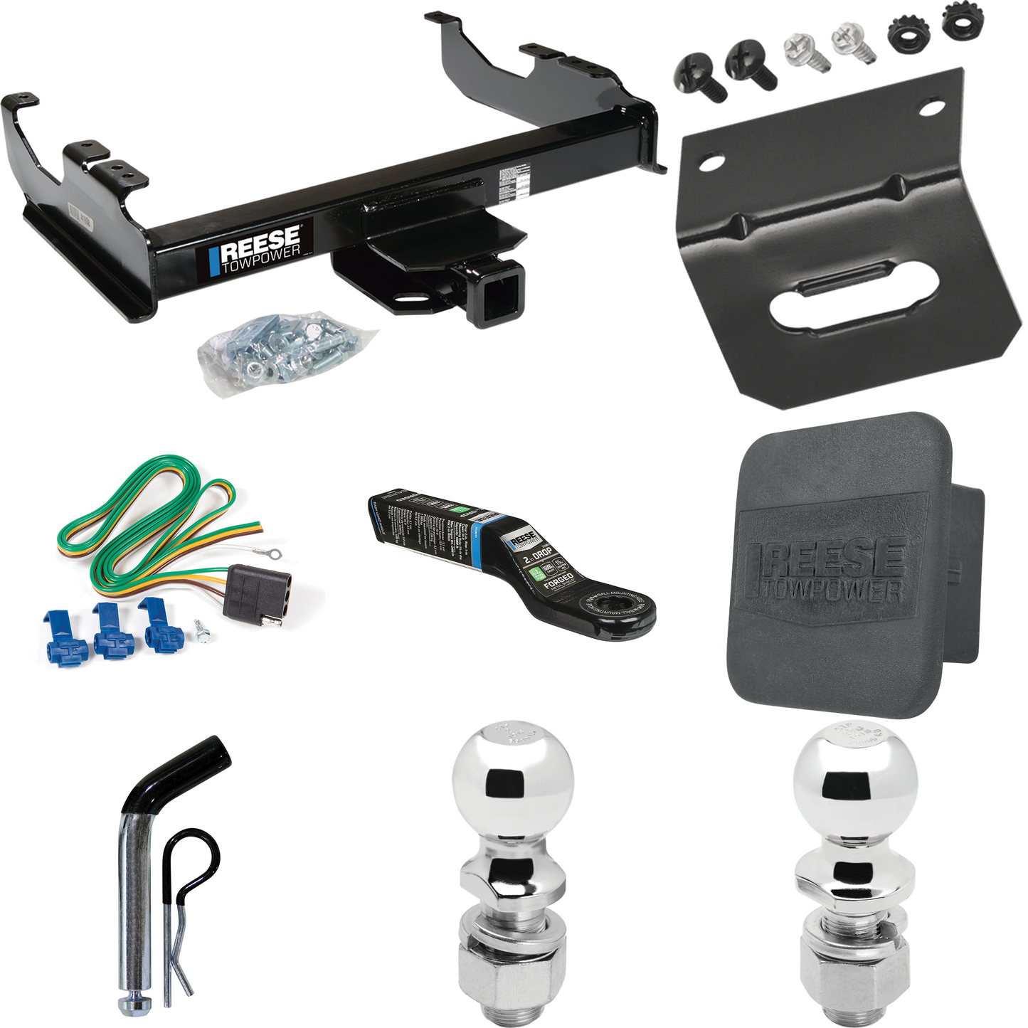 Fits 1963-1965 GMC 1500 Series Trailer Hitch Tow PKG w/ 4-Flat Wiring Harness + Ball Mount w/ 2" Drop + Pin/Clip + 2" Ball + 2-5/16" Ball + Hitch Cover + Wiring Bracket By Reese Towpower