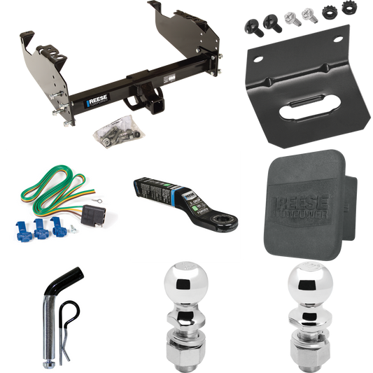 Fits 2003-2009 GMC C5500 Topkick Trailer Hitch Tow PKG w/ 4-Flat Wiring Harness + Ball Mount w/ 2" Drop + Pin/Clip + 2" Ball + 2-5/16" Ball + Hitch Cover + Wiring Bracket (For Cab & Chassis, w/34" Wide Frames Models) By Reese Towpower