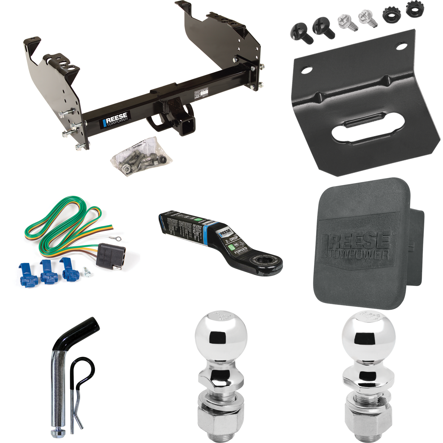 Fits 1999-2020 Ford F-350 Super Duty Trailer Hitch Tow PKG w/ 4-Flat Wiring Harness + Ball Mount w/ 2" Drop + Pin/Clip + 2" Ball + 2-5/16" Ball + Hitch Cover + Wiring Bracket (For Cab & Chassis, w/34" Wide Frames Models) By Reese Towpower