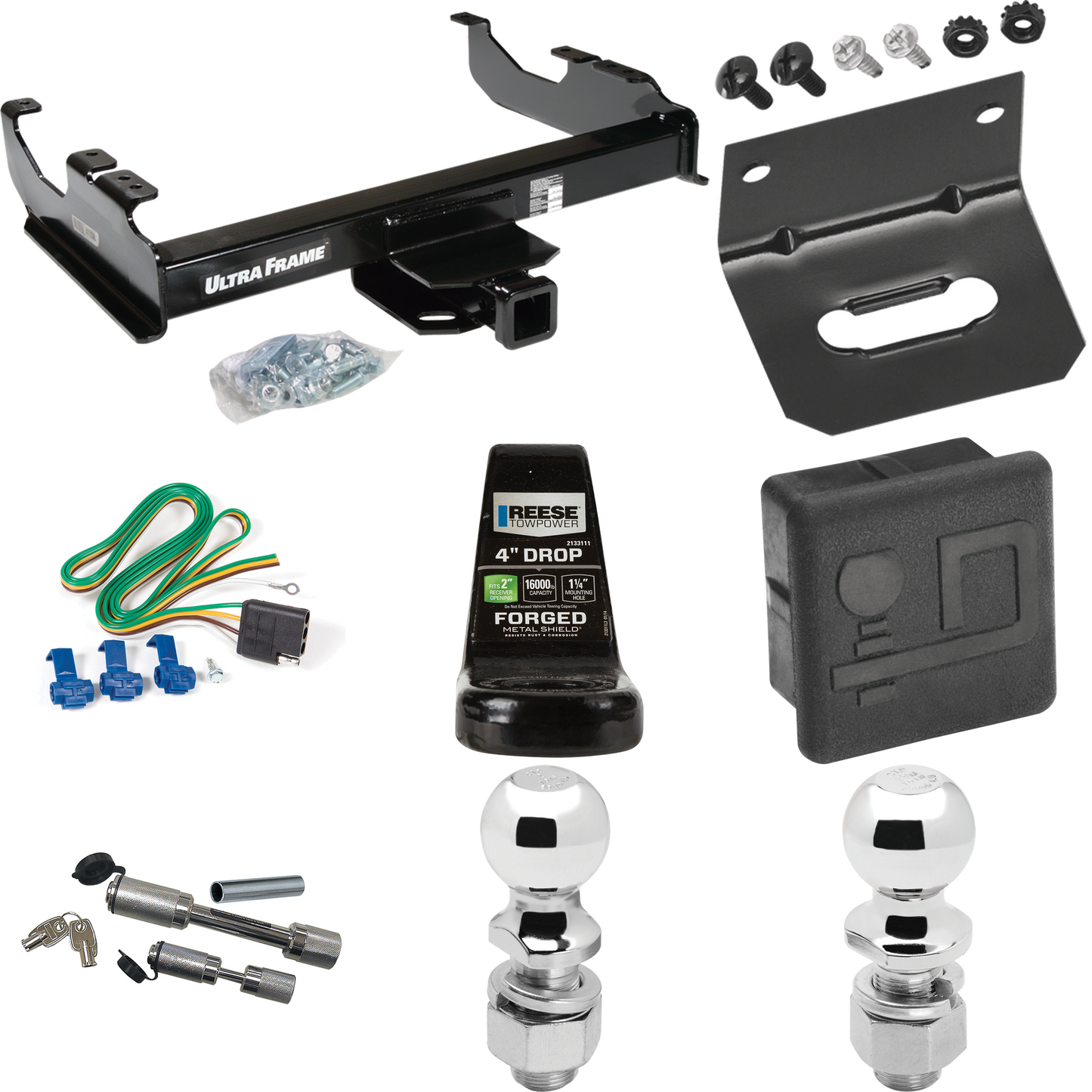 Fits 1988-1991 Chevrolet C3500 Trailer Hitch Tow PKG w/ 4-Flat Wiring Harness + Ball Mount w/ 4" Drop + Dual Hitch & Coupler Locks + 2" Ball + 2-5/16" Ball + Hitch Cover + Wiring Bracket (For Crew Cab Models) By Draw-Tite