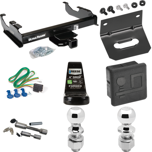 Fits 1988-1991 Chevrolet C3500 Trailer Hitch Tow PKG w/ 4-Flat Wiring Harness + Ball Mount w/ 4" Drop + Dual Hitch & Coupler Locks + 2" Ball + 2-5/16" Ball + Hitch Cover + Wiring Bracket (For Crew Cab Models) By Draw-Tite