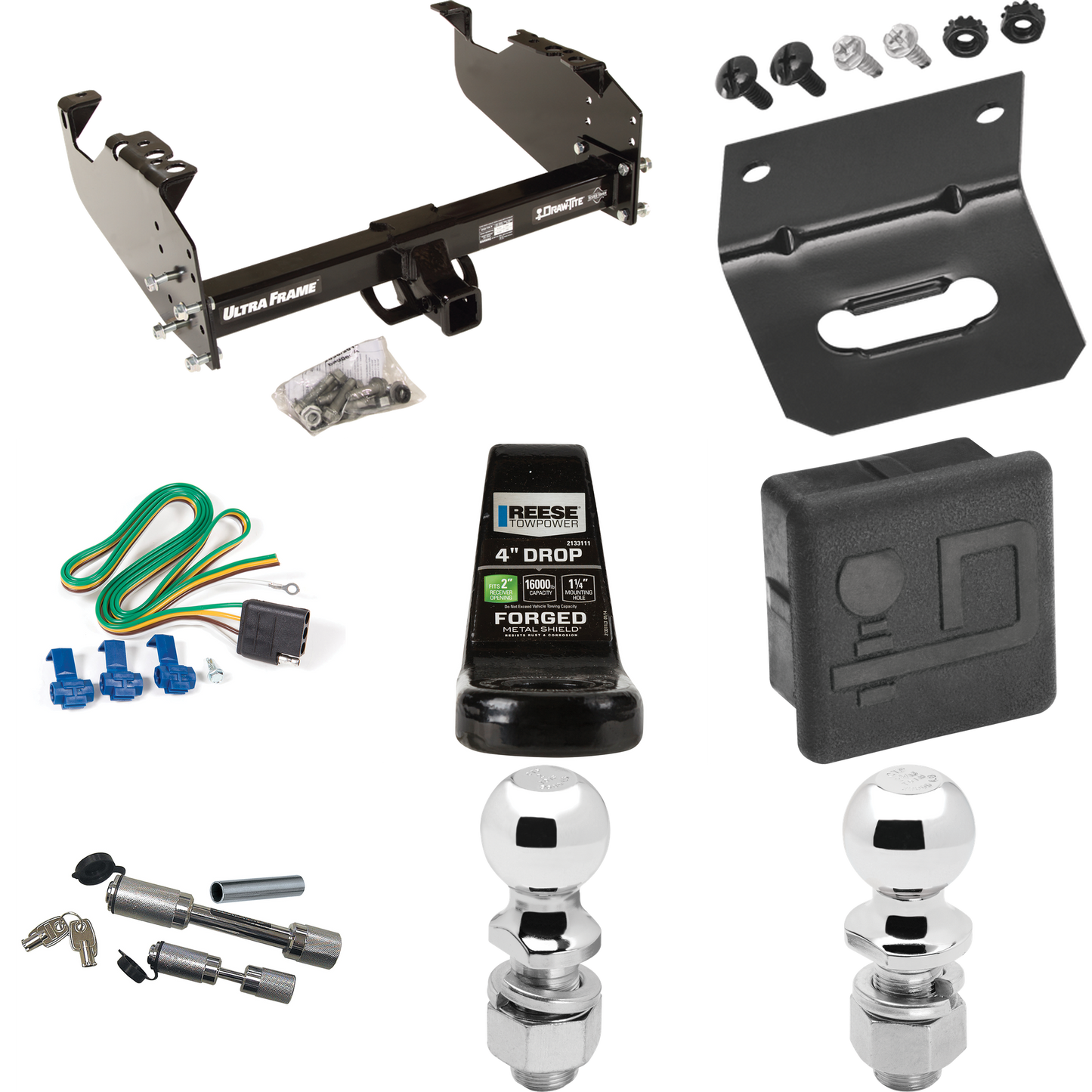 Fits 1988-2000 GMC K3500 Trailer Hitch Tow PKG w/ 4-Flat Wiring Harness + Ball Mount w/ 4" Drop + Dual Hitch & Coupler Locks + 2" Ball + 2-5/16" Ball + Hitch Cover + Wiring Bracket (For w/34" Wide Frames Models) By Draw-Tite