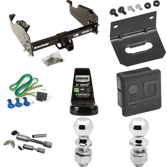 Fits 1988-2000 GMC K3500 Trailer Hitch Tow PKG w/ 4-Flat Wiring Harness + Ball Mount w/ 4" Drop + Dual Hitch & Coupler Locks + 2" Ball + 2-5/16" Ball + Hitch Cover + Wiring Bracket (For w/34" Wide Frames Models) By Draw-Tite