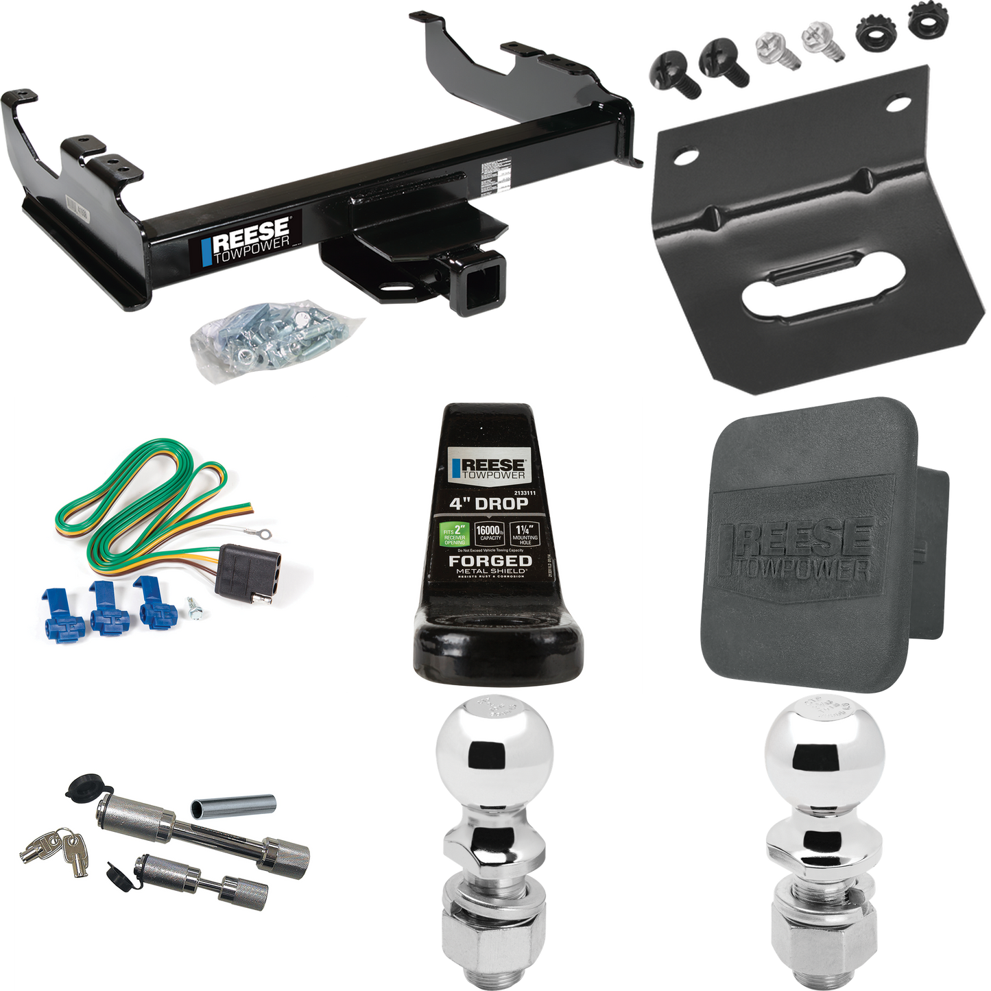 Fits 1988-1991 Chevrolet K2500 Trailer Hitch Tow PKG w/ 4-Flat Wiring Harness + Ball Mount w/ 4" Drop + Dual Hitch & Coupler Locks + 2" Ball + 2-5/16" Ball + Hitch Cover + Wiring Bracket (For Crew Cab Models) By Reese Towpower