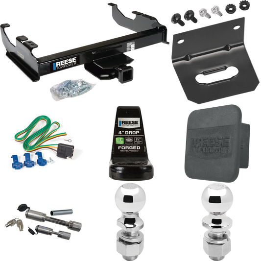 Fits 1988-1991 Chevrolet K2500 Trailer Hitch Tow PKG w/ 4-Flat Wiring Harness + Ball Mount w/ 4" Drop + Dual Hitch & Coupler Locks + 2" Ball + 2-5/16" Ball + Hitch Cover + Wiring Bracket (For Crew Cab Models) By Reese Towpower