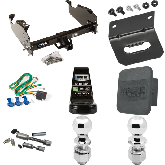 Fits 1963-1966 GMC 3500 Trailer Hitch Tow PKG w/ 4-Flat Wiring Harness + Ball Mount w/ 4" Drop + Dual Hitch & Coupler Locks + 2" Ball + 2-5/16" Ball + Hitch Cover + Wiring Bracket By Reese Towpower