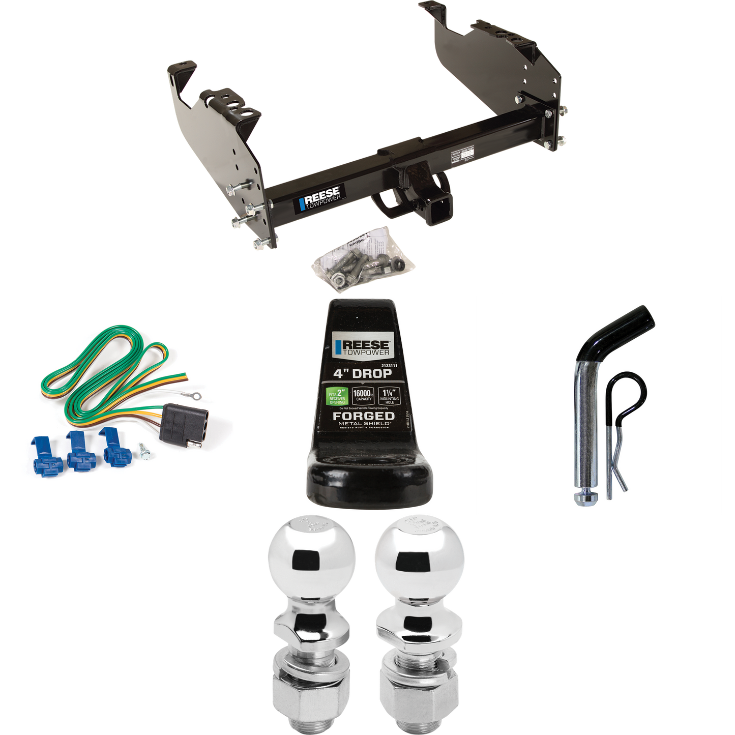 Fits 1999-2023 Ford F-450 Super Duty Trailer Hitch Tow PKG w/ 4-Flat Wiring Harness + Ball Mount w/ 4" Drop + Pin/Clip + 2" Ball + 2-5/16" Ball (For Cab & Chassis, w/34" Wide Frames Models) By Reese Towpower