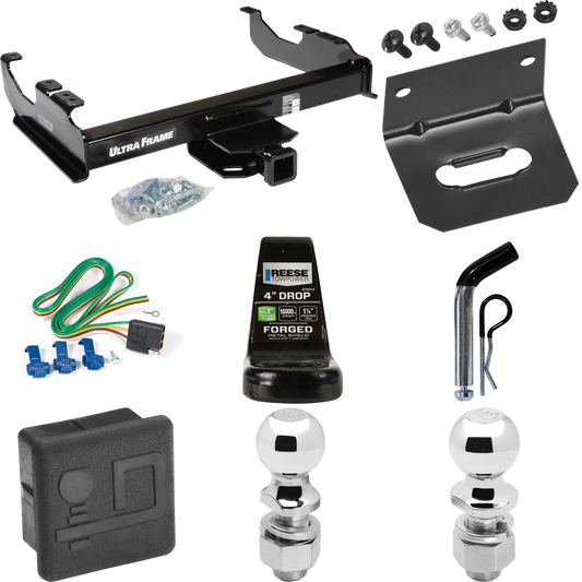 Fits 1988-2000 GMC K2500 Trailer Hitch Tow PKG w/ 4-Flat Wiring Harness + Ball Mount w/ 4" Drop + Pin/Clip + 2" Ball + 2-5/16" Ball + Hitch Cover + Wiring Bracket (For w/34" Wide Frames Models) By Draw-Tite