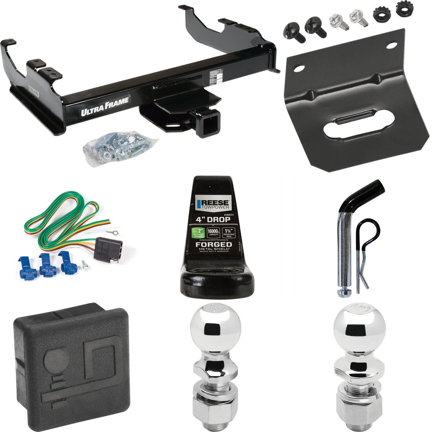 Fits 1988-1991 Chevrolet C2500 Trailer Hitch Tow PKG w/ 4-Flat Wiring Harness + Ball Mount w/ 4" Drop + Pin/Clip + 2" Ball + 2-5/16" Ball + Hitch Cover + Wiring Bracket (For Crew Cab Models) By Draw-Tite