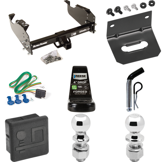 Fits 2011-2012 RAM 5500 Trailer Hitch Tow PKG w/ 4-Flat Wiring Harness + Ball Mount w/ 4" Drop + Pin/Clip + 2" Ball + 2-5/16" Ball + Hitch Cover + Wiring Bracket (For Cab & Chassis, w/34" Wide Frames Models) By Draw-Tite