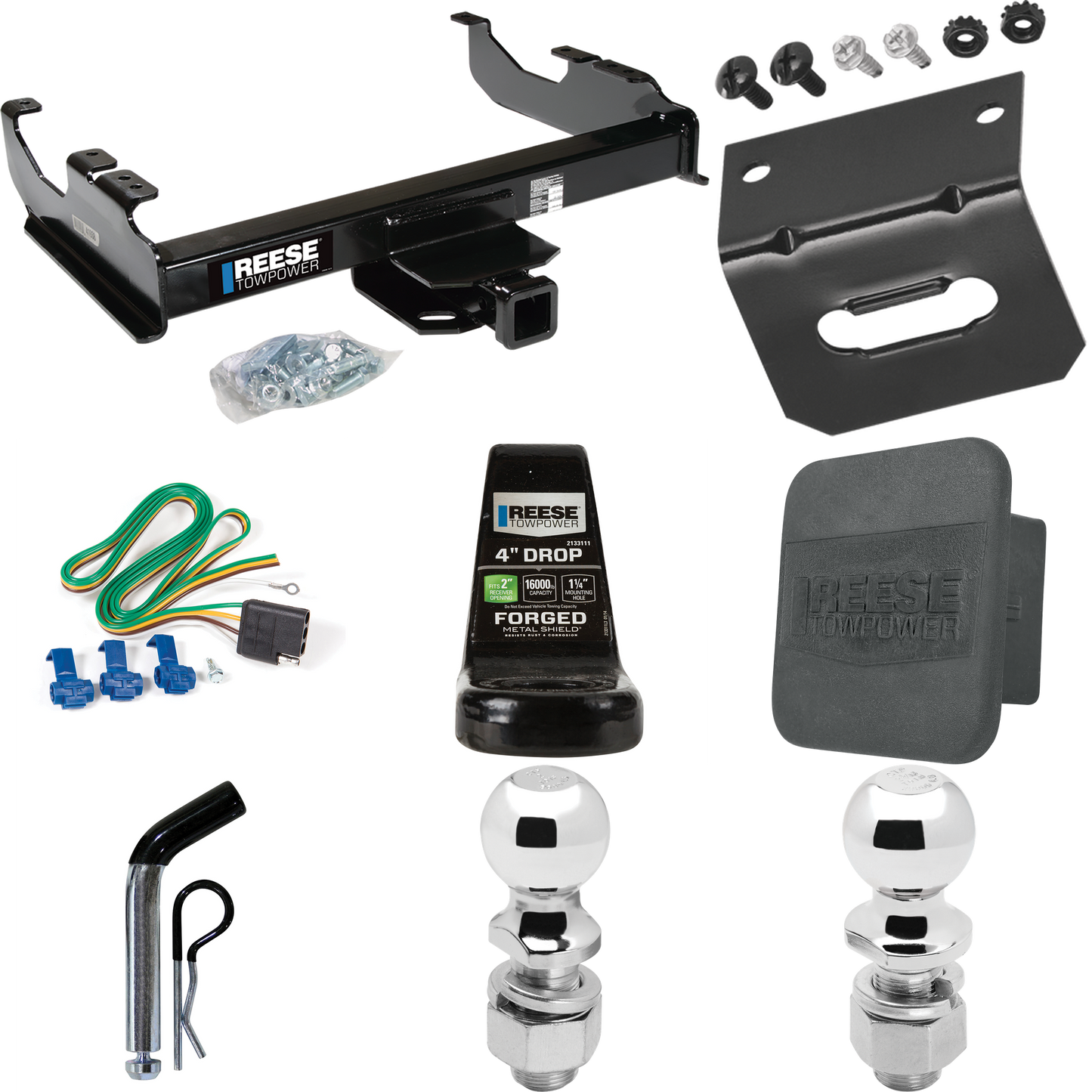 Fits 1985-1986 Chevrolet K10 Trailer Hitch Tow PKG w/ 4-Flat Wiring Harness + Ball Mount w/ 4" Drop + Pin/Clip + 2" Ball + 2-5/16" Ball + Hitch Cover + Wiring Bracket (For w/34" Wide Frames Models) By Reese Towpower