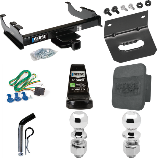 Fits 1985-1986 Chevrolet K10 Trailer Hitch Tow PKG w/ 4-Flat Wiring Harness + Ball Mount w/ 4" Drop + Pin/Clip + 2" Ball + 2-5/16" Ball + Hitch Cover + Wiring Bracket (For w/34" Wide Frames Models) By Reese Towpower